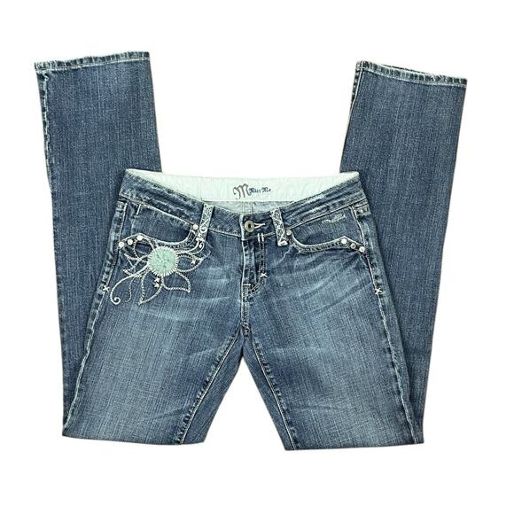 Miss Me Embroidered Denim Jeans Y2K Dark Australian 02 Blue Flap Pockets Size 28 - Picture 5 of 11